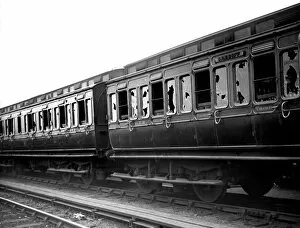 Strikers Collection: Wrecked train, Llanelli railway strike riots, Wales