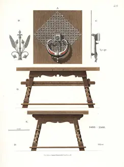 15thcentury Prints: Wrought ironwork and a wooden table from