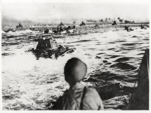 WW II amphibious tanks approach Aguni Jima Pacific