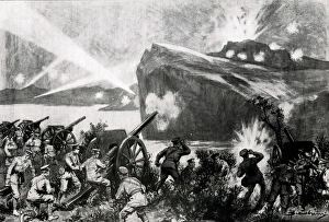 Shelling Collection: WW1 - British field-artillery shelling a Turkish fort