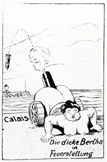 Attacks Collection: WW1 - Cartoon - German gun Big Bertha in action