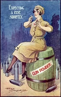 Munitions Gallery: WW1 cartoon on postcard - munition worker
