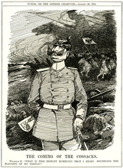 Unaware Collection: WW1 - Cartoon - Wilhelm II hears the Cossacks coming