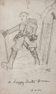 WW1 drawing, soldier in a muddy trench