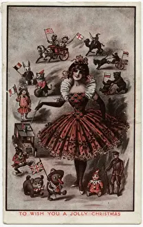 Britihs Prints: WW1 era Christmas card - Toys bearing flags of the Allies