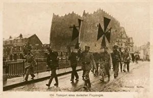 Spares Prints: WW1 - German soldiers carry spare wing for Fokker Biplane