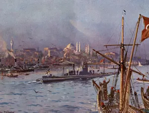 Mosque Prints: WW1 - Istanbul - Golden Horn - A German U-boat welcomed