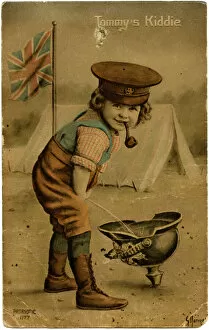 Patriotism Collection: WW1 - Patriotic - Little Tommy has a pee on a German Helmet