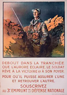 Dawn Prints: WW1 poster, Debout dans la tranchee (Standing in the trench) - A French soldier in the dawn light