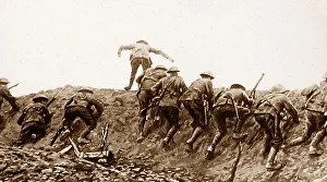 Trenches Prints: WW1 Troops in trenches going over the top