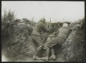 Somme Prints: WW1 - Vickers machine gun team in gas masks, near Ovilliers