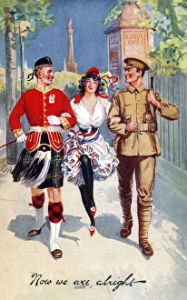 Images Dated 1st March 2019: WW1 - Victory - Scottish & English soldiers with French lass