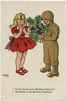 WW2 - American GI presents a French girl with flowers