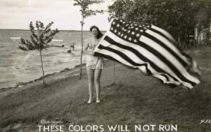 Steadfast Collection: WW2 - American Patriotic Postcard - Woman holding Flag