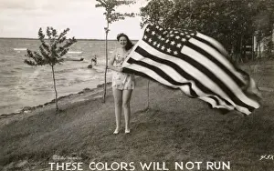 Shoreline Prints: WW2 - American Patriotic Postcard - Woman holding Flag