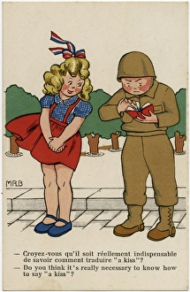 Images Dated 11th November 2016: WW2 - American soldier looks up the word kiss in French