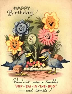 WW2 birthday card, birds and flowers