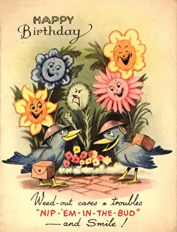 Correspondence Prints: WW2 birthday card, birds and flowers