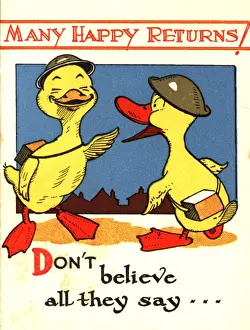 WW2 birthday card, ducks in helmets