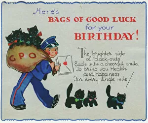Kittens Collection: WW2 birthday card, Postman with black kittens