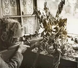 Simpson Gallery: WW2 - British sniper watching for enemy movement in Caen