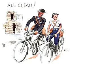 Sandbags Prints: WW2 Christmas card, air raid wardens on bicycles
