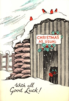 WW2 Christmas card, cat in air raid shelter