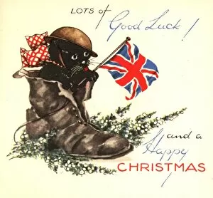 WW2 Christmas card, cat with flag