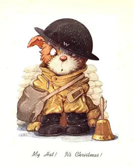 Correspondence Prints: WW2 Christmas card, dog in wardens helmet