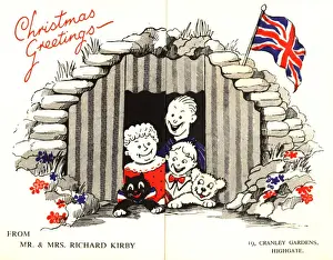WW2 Christmas card, family in air raid shelter