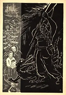 Dragons Prints: WW2 Christmas card, soldier fighting dragon