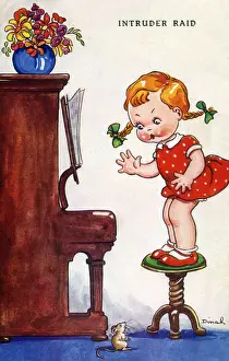 Scared Prints: WW2 - Comic Postcard, Home Front - Intruder Raid - A little girl (with ginger pigtails)