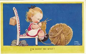 Kids Prints: WW2 era - Comic Postcard - I m doin me knit