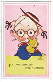 WW2 era - Comic Postcard - I've gone crackers over a soldier