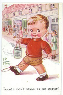 WW2 era - Comic Postcard - Pooh - I don't stand in no queue