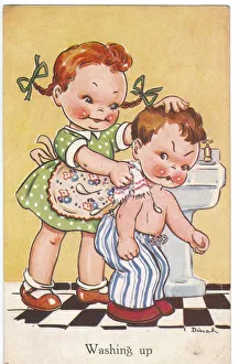 Abroad Collection: WW2 era - Comic Postcard - Washing up