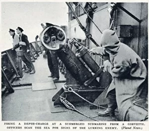 Images Dated 28th August 2020: WW2 - Firing a depth charge at a u-boat from a corvette