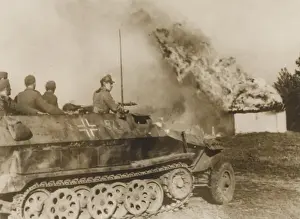 Burning Prints: WW2 - German tank driving through a burning Russian village