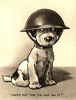 Correspondence Collection: WW2 greetings card, dog in helmet