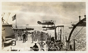WW2 Launching seaplane from deck catapult of a US Battleship WW2 Launching seaplane from deck catapult of a US Battleship