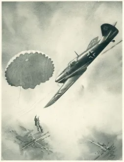 Airmans Prints: WW2 - Messerschmitt Attacking A Parachutist