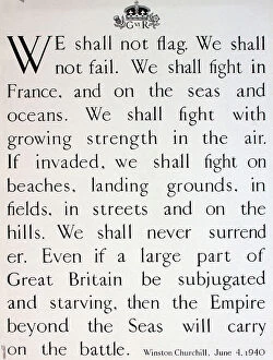 Churchill Collection: WW2 poster, We shall not flag, Winston Churchill speech