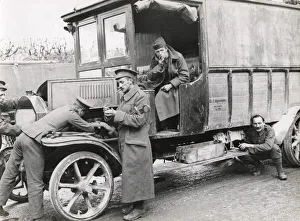 WWI: British soldiers with captured German vehicle