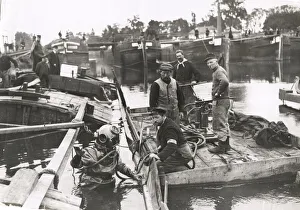 WWI: divers clearing sunken pontoon bridge, River Oise WWI: divers clearing sunken pontoon bridge, River Oise