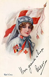 WWI - Red Cross Nurse, bearing flags of the Allied Powers