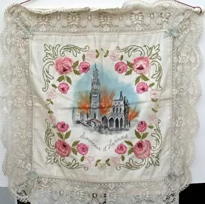 Images Dated 28th September 2011: WWI silk and lace cushion cover - destruction of Arras