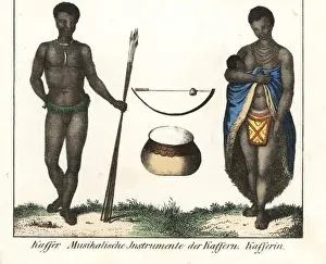 Suckling Prints: Xhosa man in grass belt and woman suckling a baby