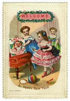 Xmas card. Children and a Father Christmas