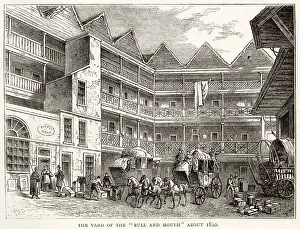 Coaching Prints: The yard at the Bull and Mouth Inn, in St Martins-le-Grand, London. Date: circa 1820