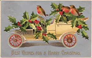 Robins Prints: Yellow car with robins and holly on a Christmas postcard